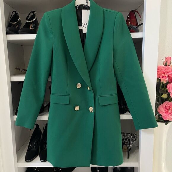 NWT  WOMEN'S DOUBLE BREASTED LONG BLAZER DRESS Green SIZE XS - Picture 5 of 11